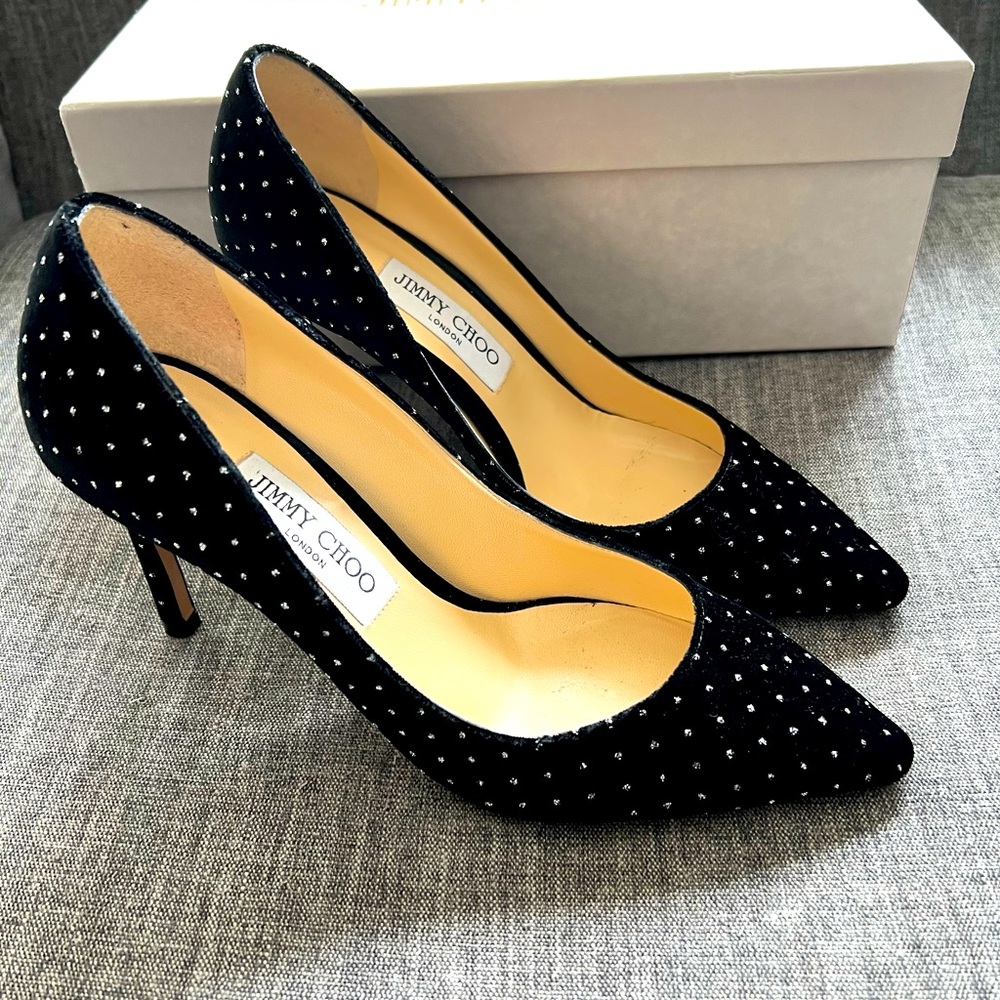 Jimmy Choo Romy Pumps 85 Velvet Rhinestones Crystals Shoes 38.5 Pointy Toe Heels
